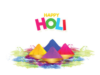 Poster - Colorful text happy holi with color bowls on white background festival celebration poster or banner design.