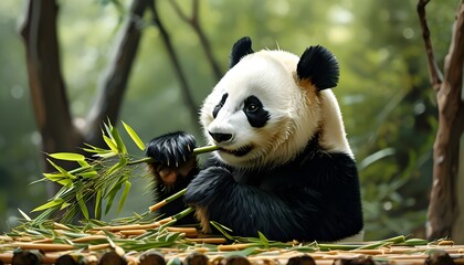 Wall Mural - Playful giant panda bear enjoying bamboo in a whimsical and humorous scene