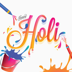 Poster - Stylish lettering of holi with festival equipments on white color splash background.