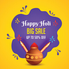 Poster - Happy Holi Big Sale poster or template design with 50% discount offer for festival celebration concept.