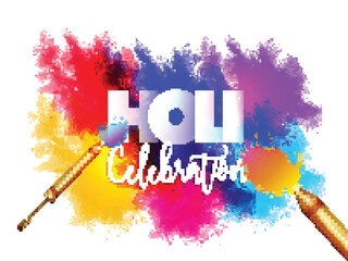 Sticker - Watercolor splash with realistic color guns on white background for Happy Holi festival celebration.