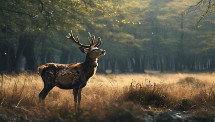 Majestic wild deer in serene natural surroundings with a tranquil backdrop