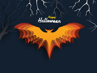 Poster - Happy Halloween celebration poster or template design with paper layer cut bat on blue background.