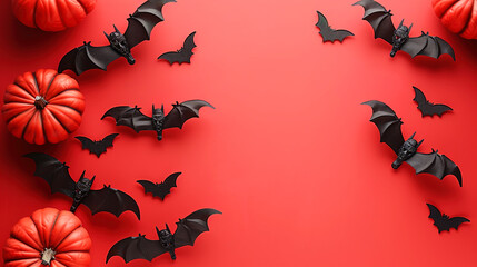 Wall Mural - Halloween Pumpkins and splash Bats on orange background Space for Text