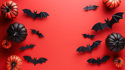 Wall Mural - Halloween Pumpkins and splash Bats on orange background Space for Text