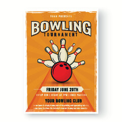 Sticker - Retro style template or flyer design on white background for Bowling tournament concept.