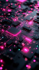 Close-up of a Circuit Board with Glowing Pink Lines and Lights