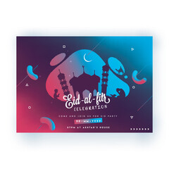 Canvas Print - Muslim men offering namaz, silhouette mosque, moon on abstract background, Eid-Al-Fitr celebration concept.