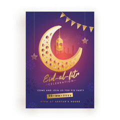 Canvas Print - Eid-Al-Fitr celebration greeting card design with golden stylish crescent moon and hanging illuminated lantern, stars, bunting flags on floral background.