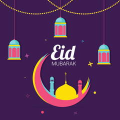 Wall Mural - Mosque on crescent moon, hanging lanterns, bunting lights on background.