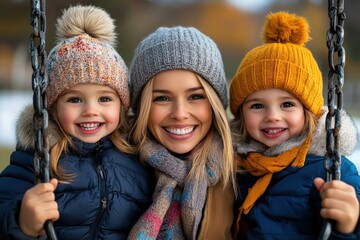 A joyful mother sitting on a swing with her adorable twin daughters, all wearing winter hats and coats, sharing a happy moment in the chilly outdoors.