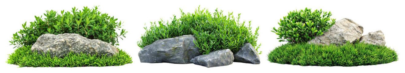 Set of natural landscapes featuring rocks and greenery, cut out