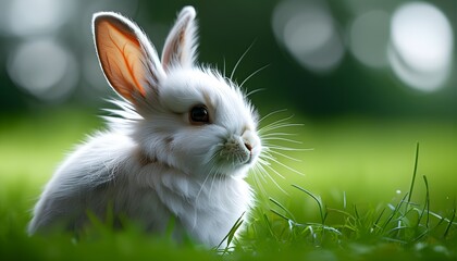 Adorable white fluffy rabbit nestled in vibrant green grass with a softly blurred background