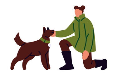 Wall Mural - Young woman in outerwear pets her dog. Girl plays with puppy outdoor. Owner training obedience, teaches commands to doggy during winter walk. Flat isolated vector illustration on white background