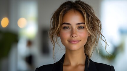 Confident young woman with casual hairstyle smiling in bright interior