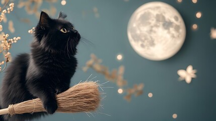 Bewitching Black Cat Soaring on Broomstick Under Full Moon