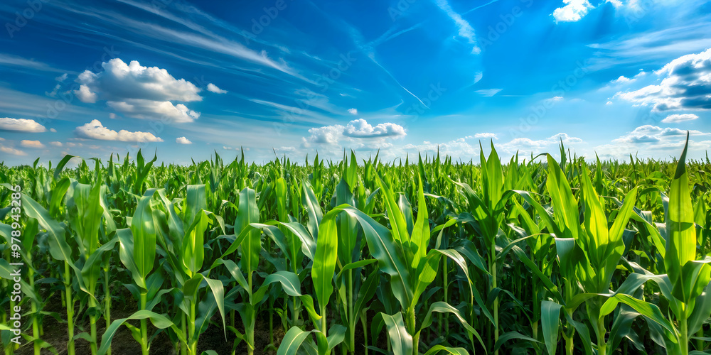 Vibrant green corn field under a clear blue sky, agriculture, growth ...