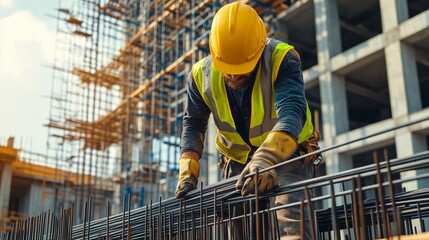 A construction worker wearing a yellow hard hat and safety vest is working on a building site, handling steel rebar. The background shows scaffolding and other construction activities.