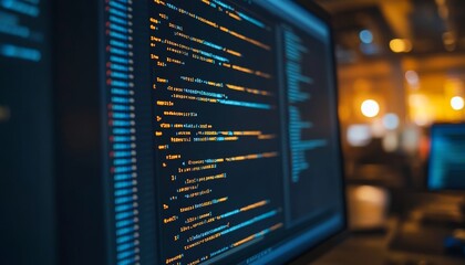 Programming Code Displayed on Computer Monitor Screen. Software Development, Web Design Concept.