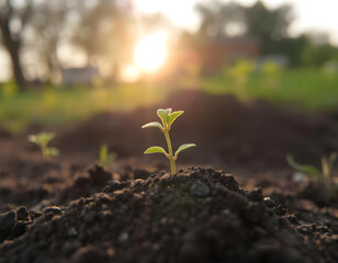 A sprouting plant growing on the ground with a blurred background of sunlight behind it. Suitable for financial news covers, economic growth, exchange rate increases, exchange rate growth, stock growt