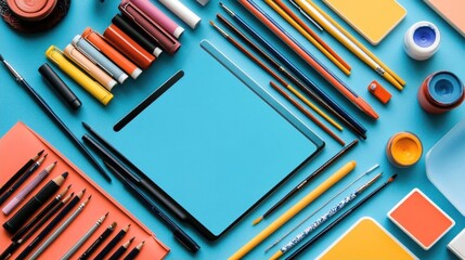 Wall Mural - Flat lay with various art supplies on a blue background, including colored pencils, markers, paint brushes, and paints.