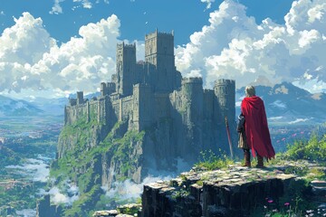 Fantasy Medieval Castle on Clifftop with Knight