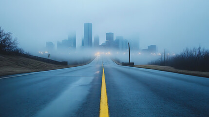 Wall Mural - Empty road stretching towards misty city skylin