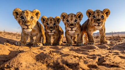 Four Lion Cubs in the Desert Sand