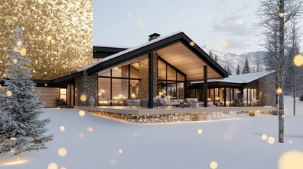 Modern Mountain Cabin with Snow Covered Terrace and Bokeh Lights