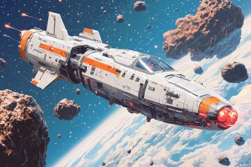 Wall Mural - spaceship flying through asteroid field near planet