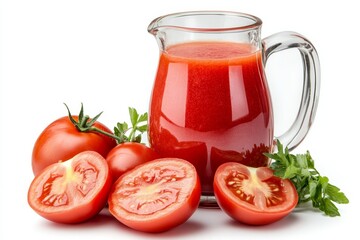 Wall Mural - Freshly Squeezed Tomato Juice in a Glass Pitcher with Ripe Tomatoes. Isolated on White Background.