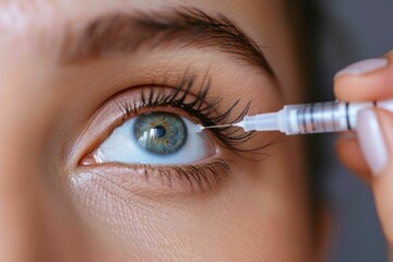 Close up of a woman s eye receiving an eyelash serum treatment, showcasing long lashes and a vibrant blue eye against a neutral background