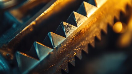 Cutting tools close-up in an industrial warehouse, the sheen of the metal highlighted by focused lighting. The texture and sharp edges are prominent.