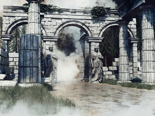 Ancient ruins with two statues of women guarding the gate to the destroyed temple. 3D render. Made with 3d resources and painted elements. No AI used. 