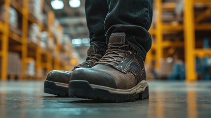 Industrial safety shoes close-up in a warehouse, with the textured material and metal sheen highlighted by bright lighting. No logos, no people included.