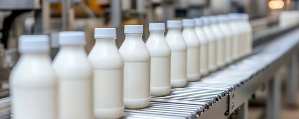 A line of freshly processed milk bottles on a conveyor belt in a dairy production facility, showcasing efficient packaging.