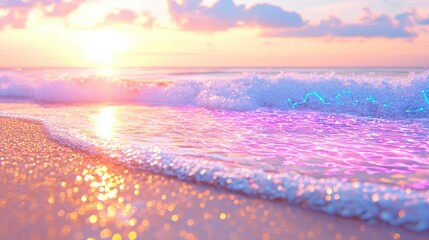 Wall Mural - Sunset Ocean Waves with Bokeh Lights