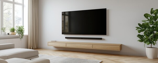 Modern living room with a stylish television setup, featuring a sleek wooden shelf and decorative plants near a large window.