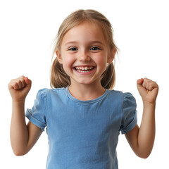 Cheerful young girl with blonde hair smiling and raising her fists in a gesture of excitement and happiness  She is wearing a blue casual shirt against a white background