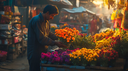 Street vendor selling vibrant flowers at dawn.