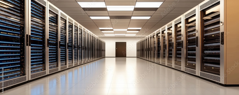 A modern data center showcasing rows of server racks, emphasizing ...