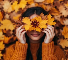 A woman is holding a leaf in front of her face, creating a leafy mask. Concept of playfulness and whimsy, as the woman is using a natural object to create a fun and imaginative scene