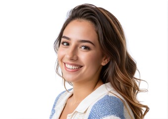 Wall Mural - Young Uruguayan woman happy and smiling on white background