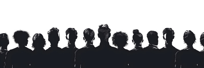 Canvas Print - a row of black siluets of people look in, we see them only from the back, white background, vector