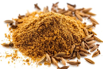 A pile of brown powder and seeds on a white background