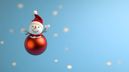 Top view to Snowman flying on Christmas ball on blue background.