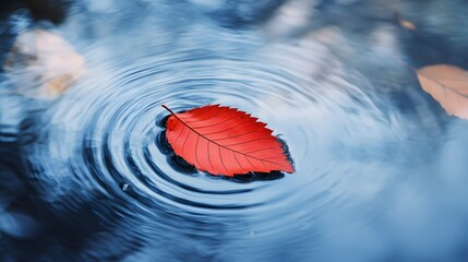 Wall Mural - A red leaf floating on the water, with ripples spreading out from its center