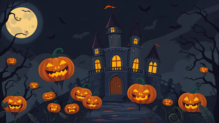 Spooky halloween illustration, pumpkins castle, dark, cartoon style for kids. High quality photo. Generative AI