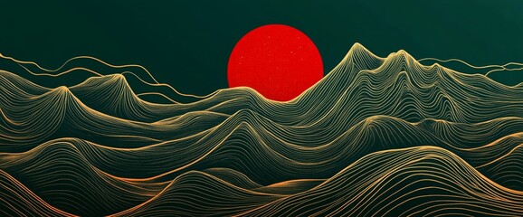 Poster - Abstract line art illustration of mountains with a sun