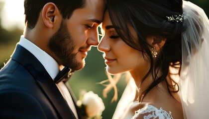 Close-Up Wedding Bliss: Bride and Groom Captured in Romantic Sunlit Moments